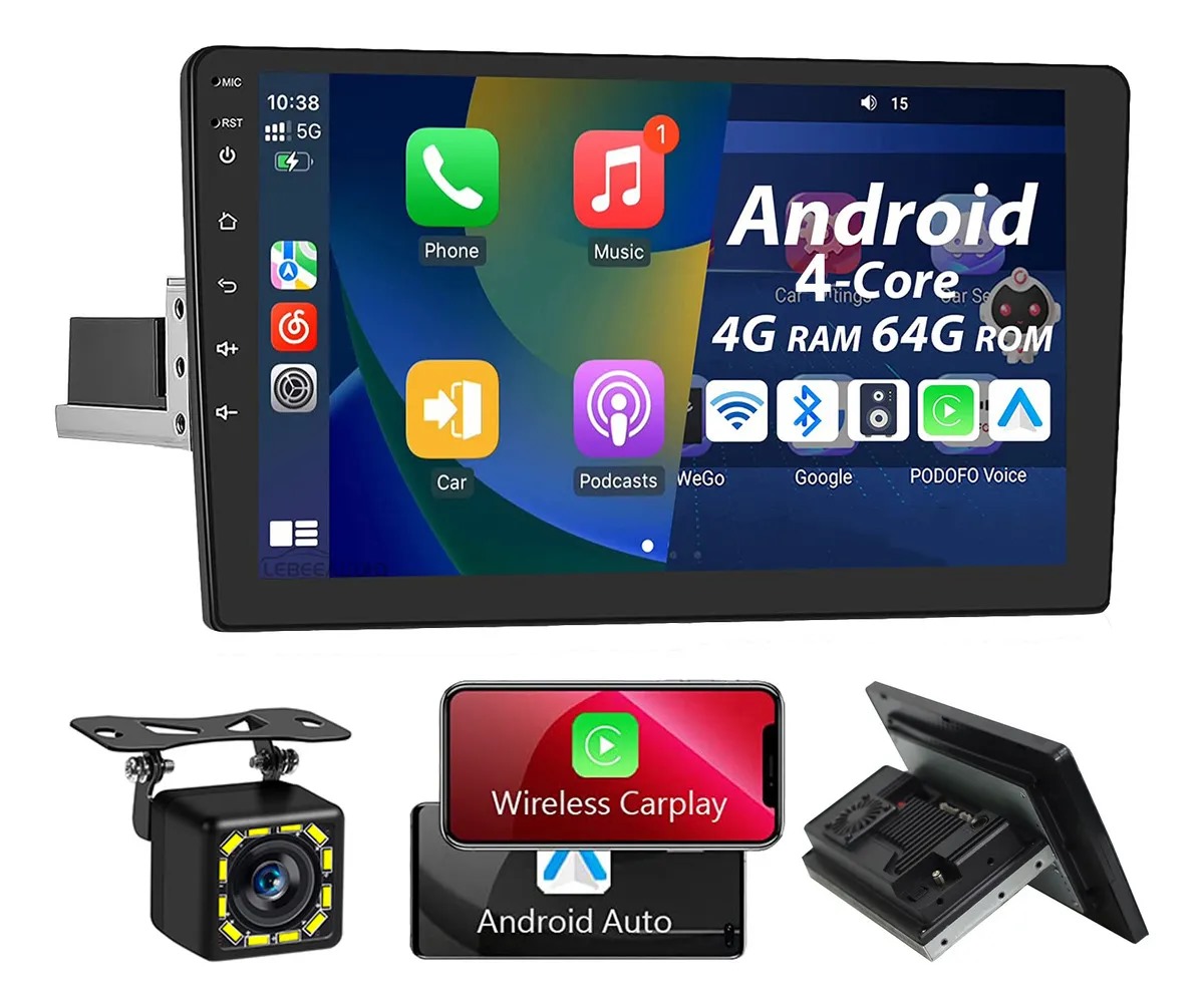 Lebeeaudio 4+64g 10 Pulgadas Coche Estereo Android 13 Gps 1 Din Con Inalámbrico Carplay